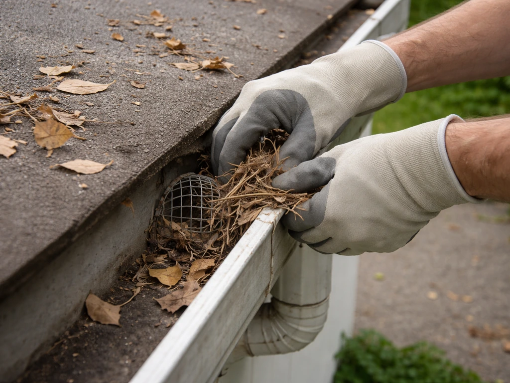 Gloved hands clearing leaves and twigs from a gutter and rooftop drain to remove nesting debris.