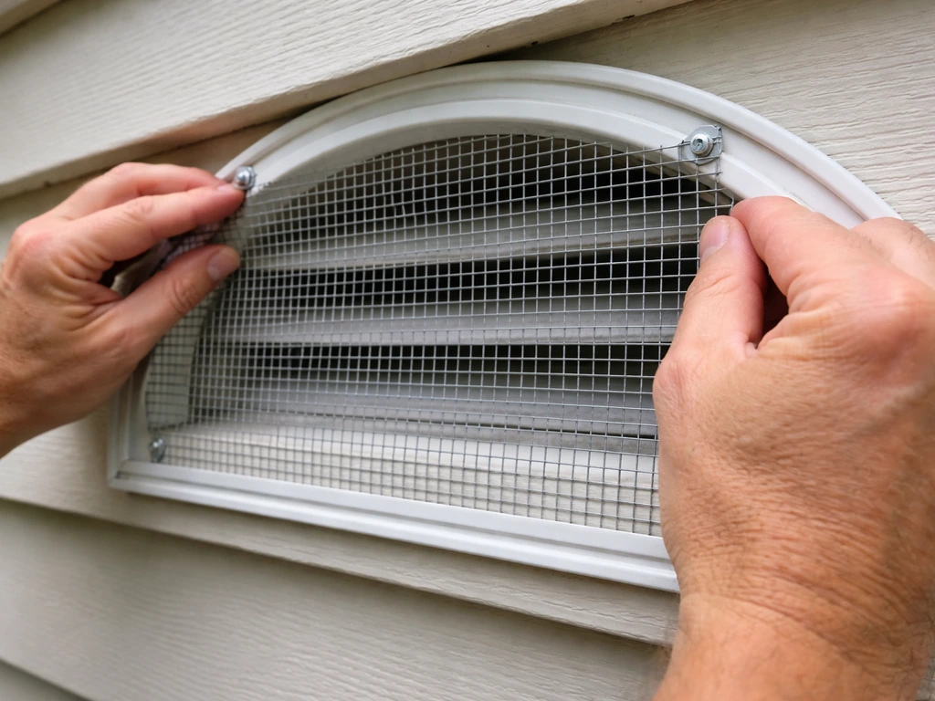 Hardware cloth mesh fitted flush over an attic vent opening with hands securing the corners.