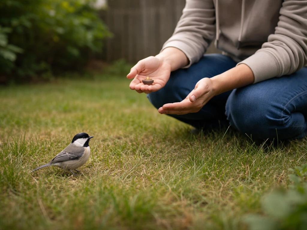 Person crouches calmly at safe distance with hands lowered while a small bird watches in a backyard.