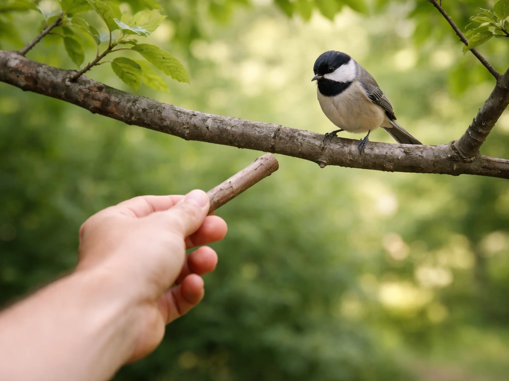 Person’s arm holding a familiar perch near a low branch while a small bird watches from above.