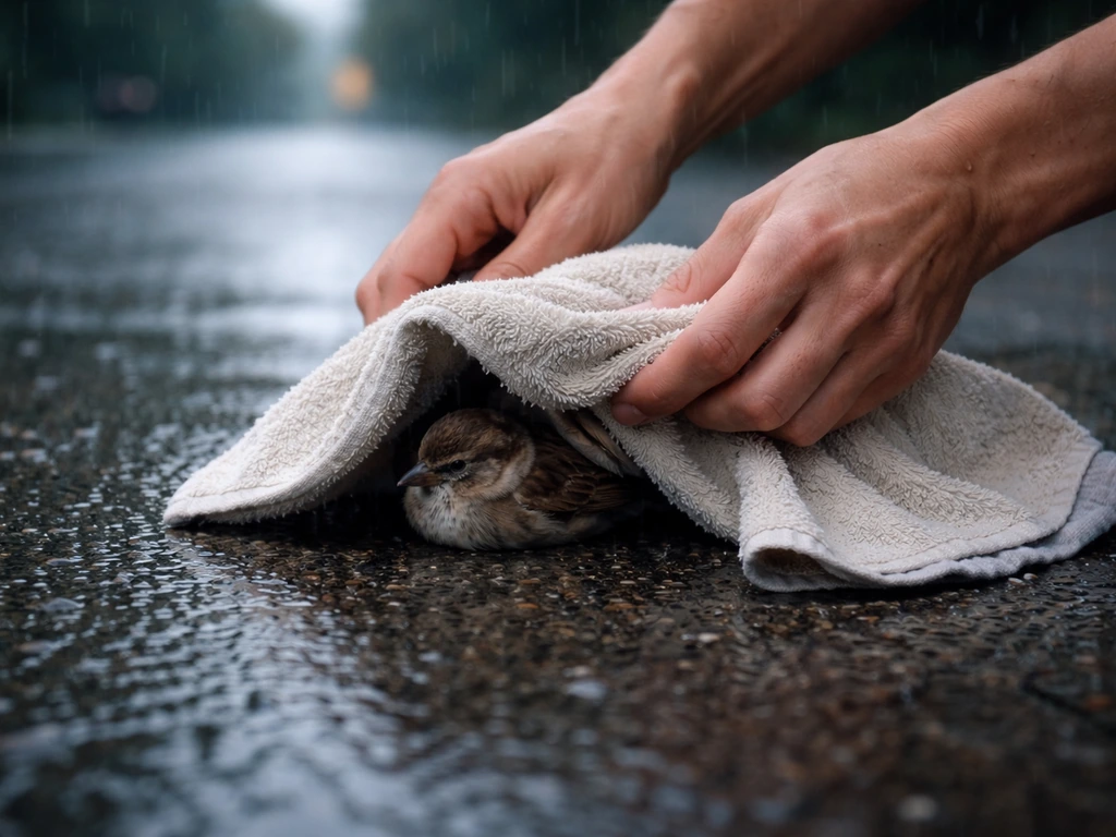 Hands gently drape a light towel over a tired small bird on wet pavement in rainy weather.