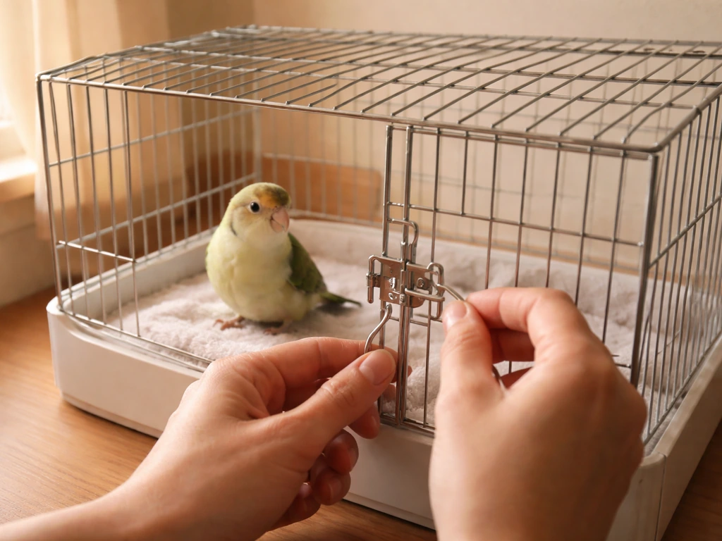 Small pet bird resting in a warm quiet indoor room beside an open cage showing checked latches.