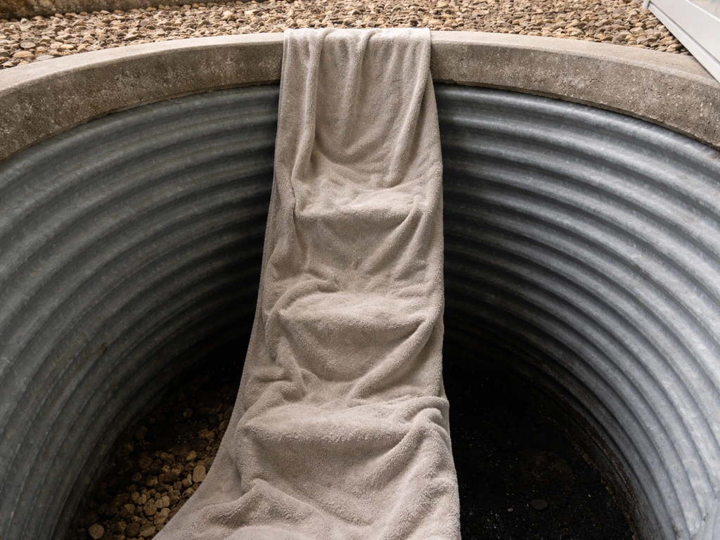 Lightweight towel draped down a window well wall to help a bird climb out safely.