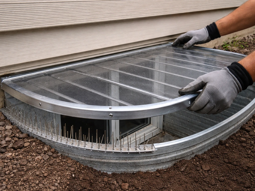 A window well cover being secured over an open window well with a simple bird deterrent placed beside it.