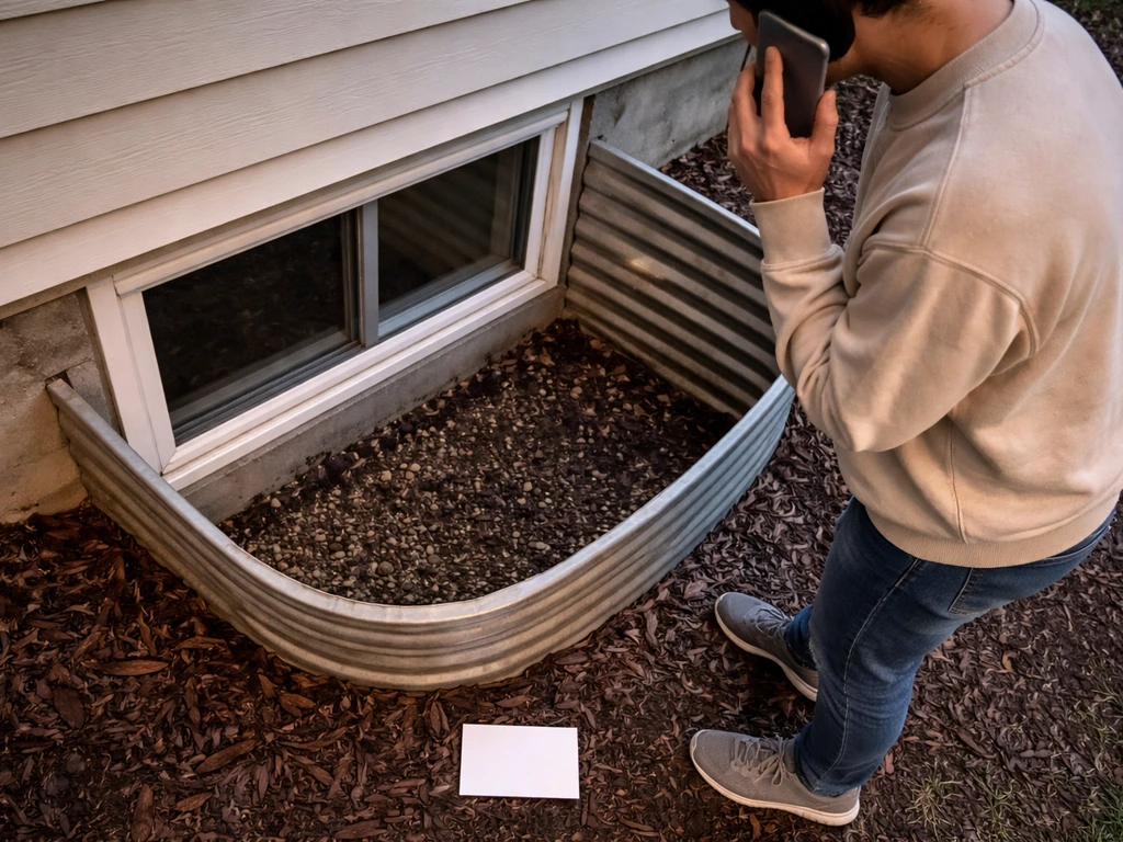 Homeowner calling for wildlife help from a safe distance beside an uncovered window well at dusk.