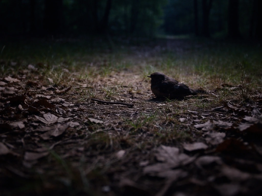 Night ground roost area with leaves and a small whippoorwill silhouette near low grass.