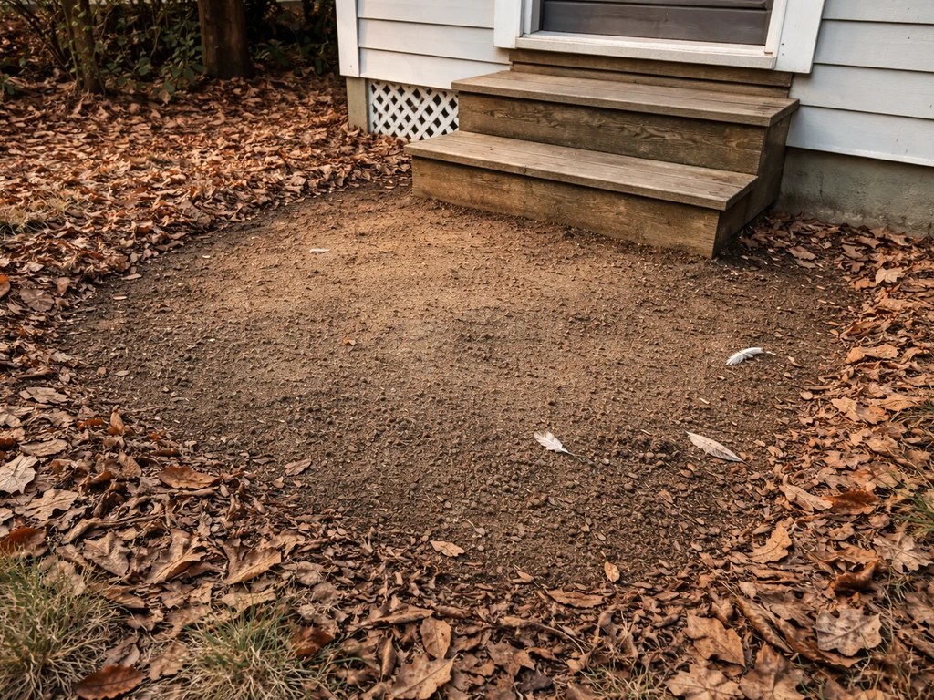 Cleared leaf litter around a porch and foundation entry points, showing safe ground roosting areas.