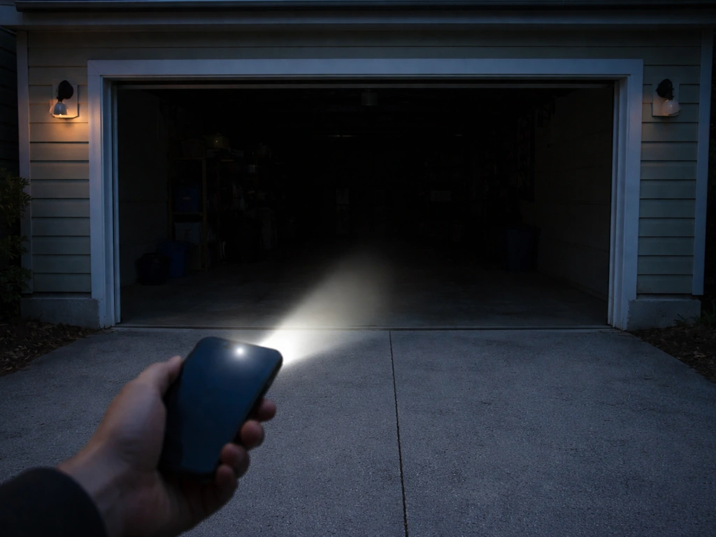 Flashlight beam outside an open garage door showing a clear exit path inside at dusk