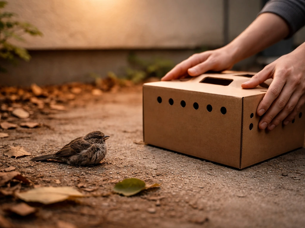 A person places a breathable container beside an injured wild bird outdoors, keeping distance under warm light.