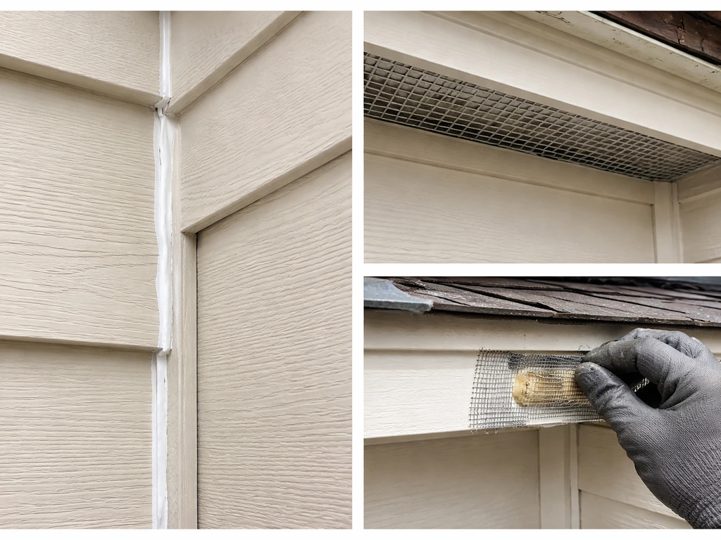 Minimal photo of home exclusion work: exterior wall gap sealed, hardware cloth over foam, and caulk at soffit edge.