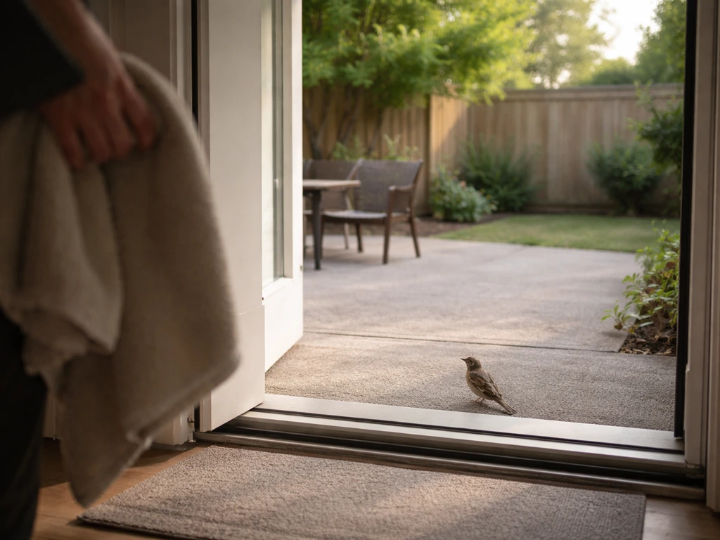 Wild bird near an open back door in a backyard, with a towel-holding person keeping distance.