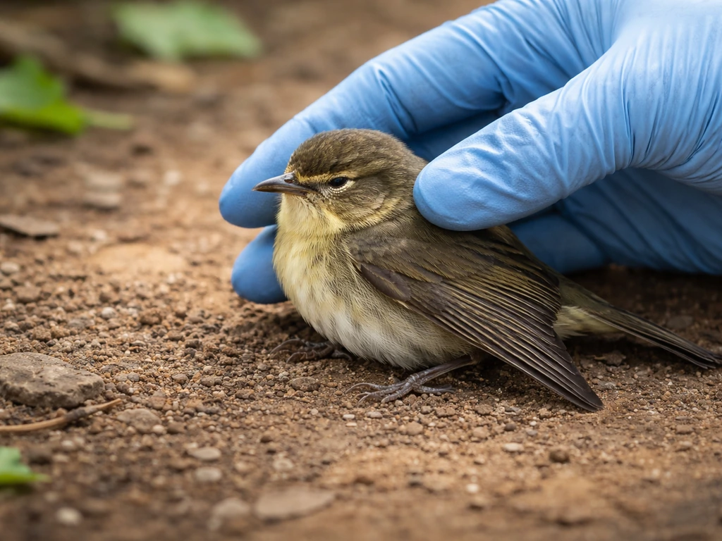 Gloved hand carefully checking a small wild bird sitting on the ground with a drooped wing.