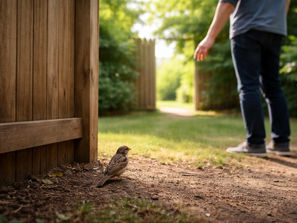 Person at a distance gently guiding a small bird away from a fence into an open yard doorway
