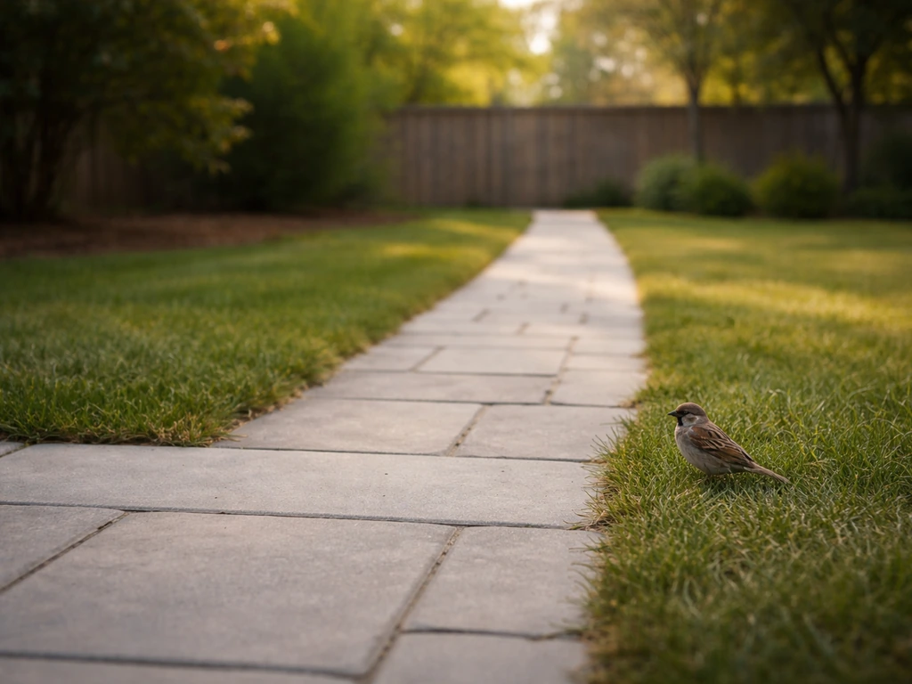 Backyard patio with removed birdbath and feeder, open pathway and natural light guiding a small bird away