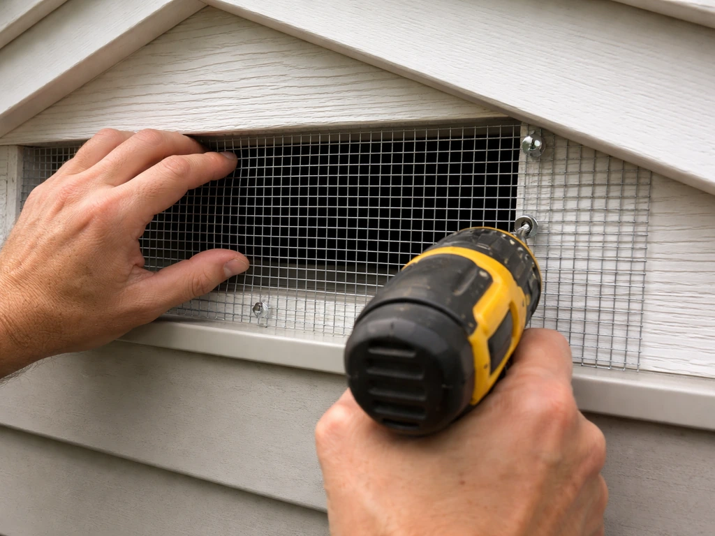 1/4-inch hardware cloth being installed over a house vent/eave to block birds.