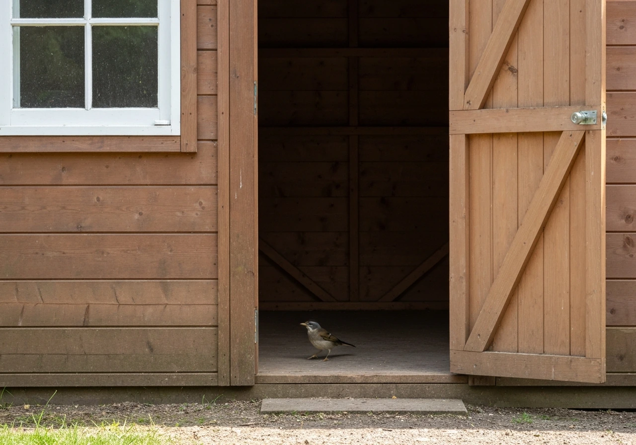 A small bird hopping near an open shed doorway, escaping safely into natural light.