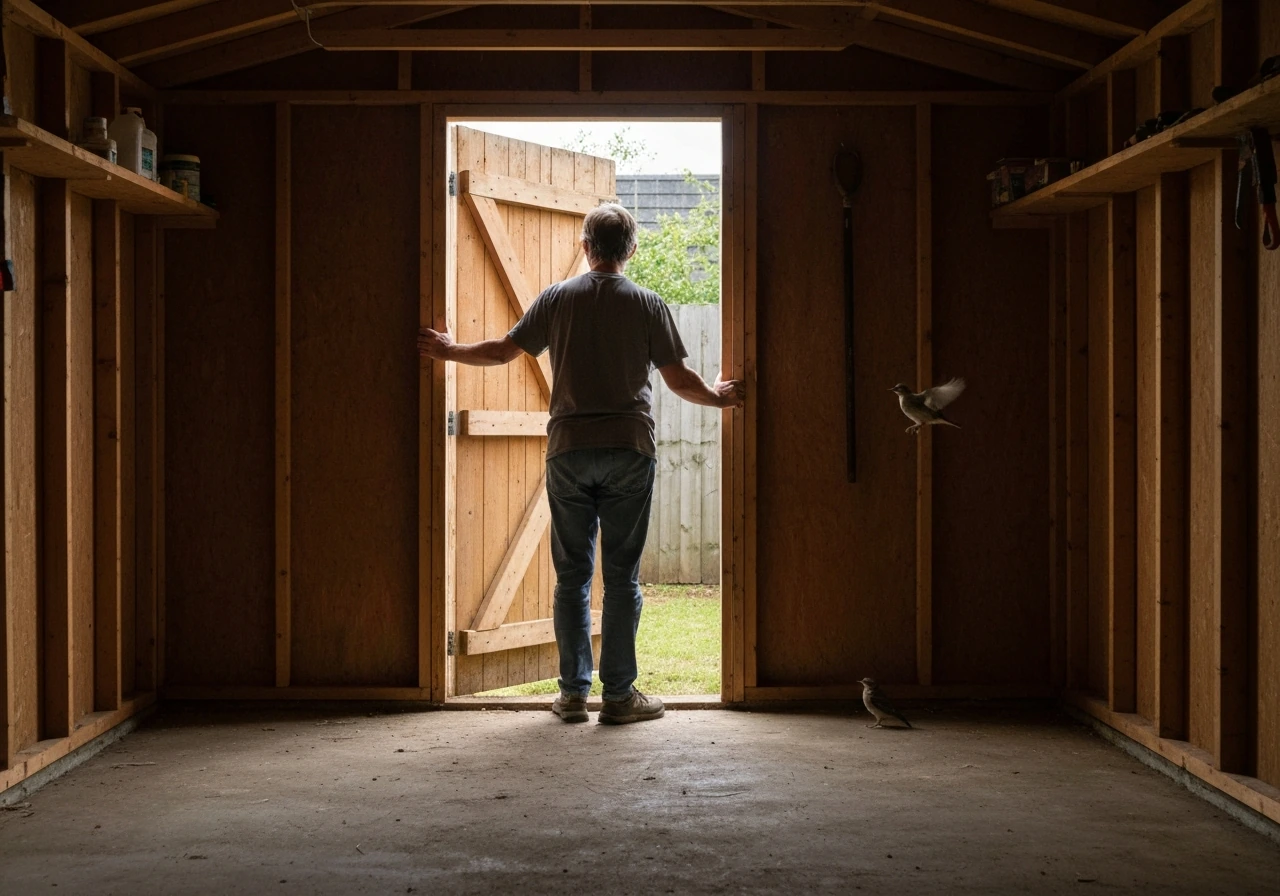 Calm adult opening the shed door at a safe distance while a small bird stays inside, ready to exit.