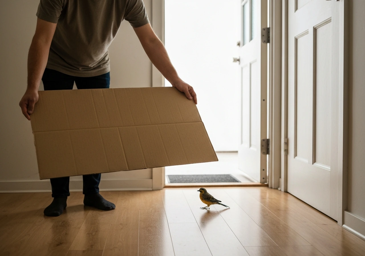 Person holds a blank cardboard sheet to gently guide a small bird toward an open exit door.
