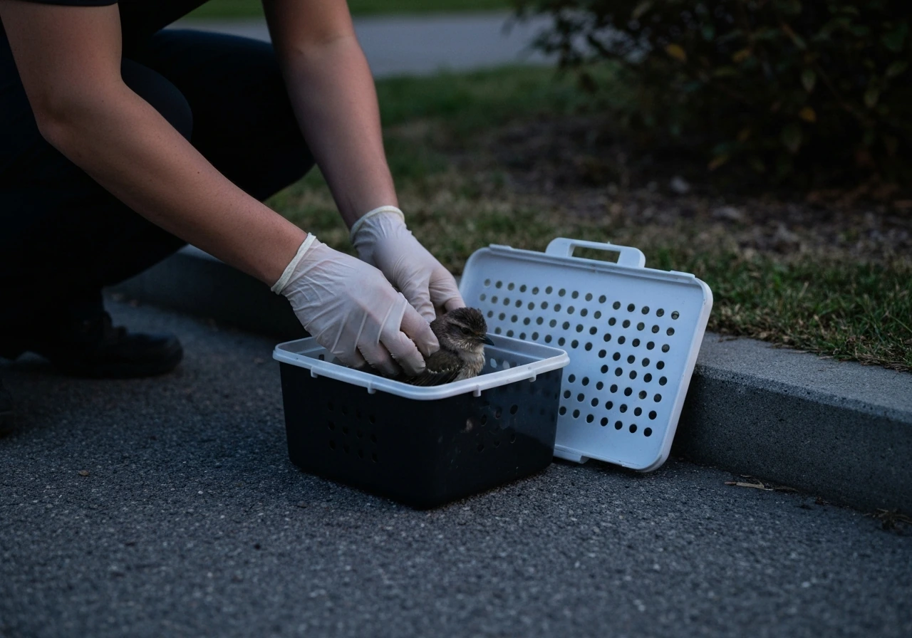 Gloved hands placing a small bird into a quiet, dark ventilated container outdoors.
