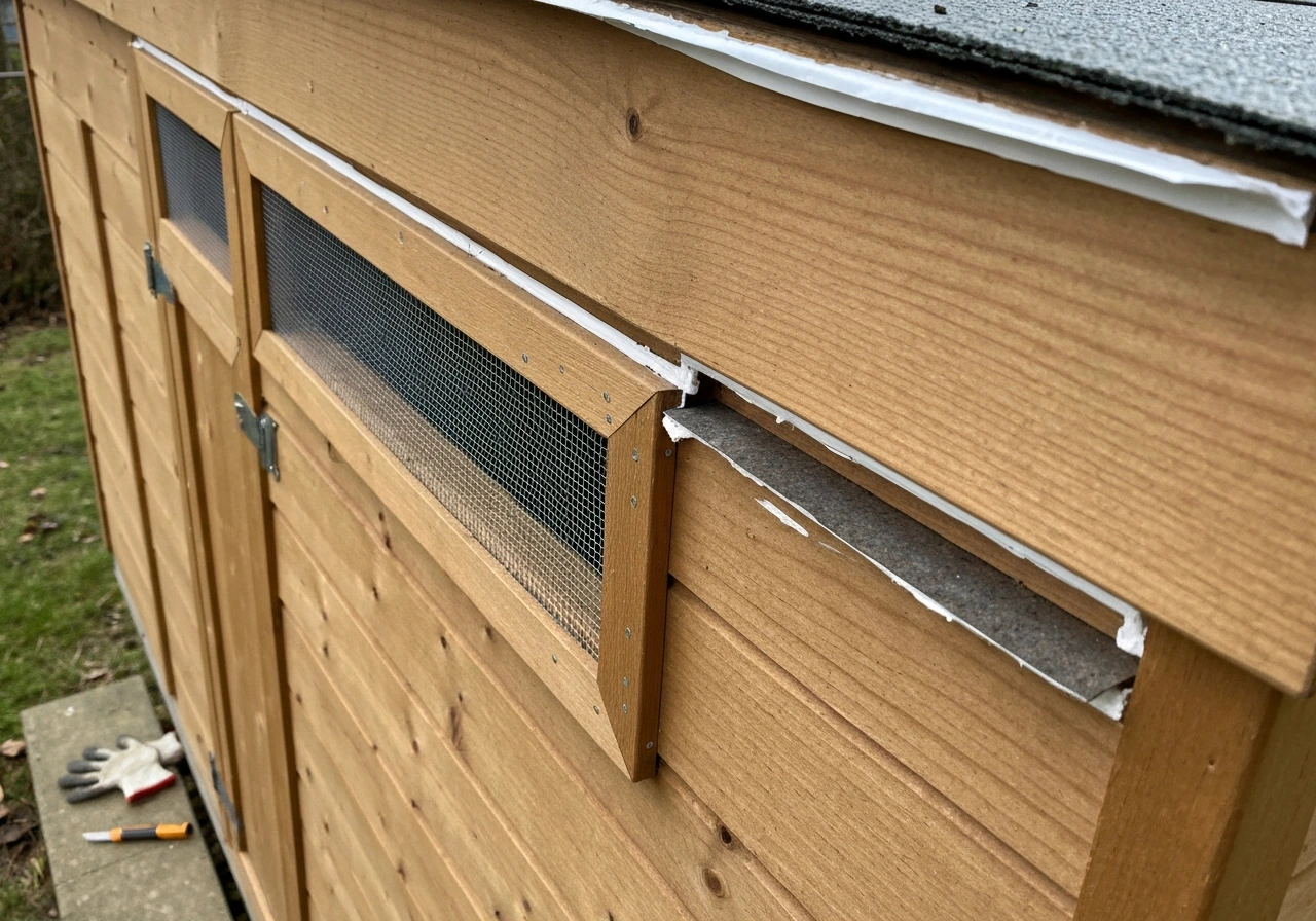 Close view of a shed eaves area with gaps sealed using metal mesh and caulk for humane exclusion.