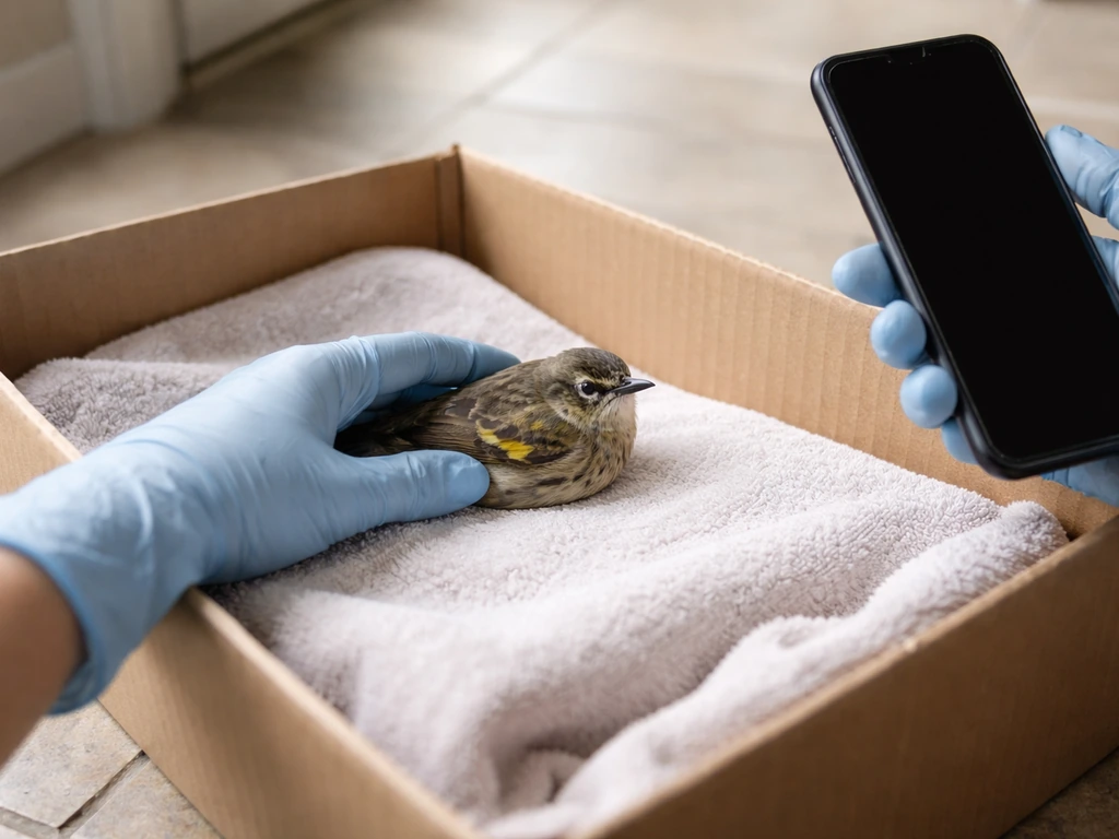 Gloved hands holding a small bird safely over a towel near a phone, calling a wildlife rehabilitator.