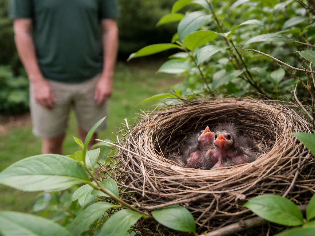 Garden shrub with an active bird nest and an observer waiting at a respectful distance.