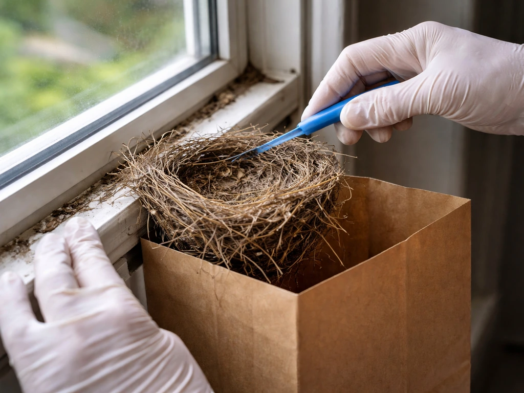 Gloved hands gently removing an inactive empty bird nest from a window frame into a small bag