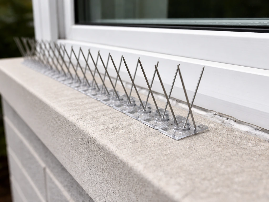 Close-up of window ledge fitted with stainless or polycarbonate bird spikes and sealed gaps.