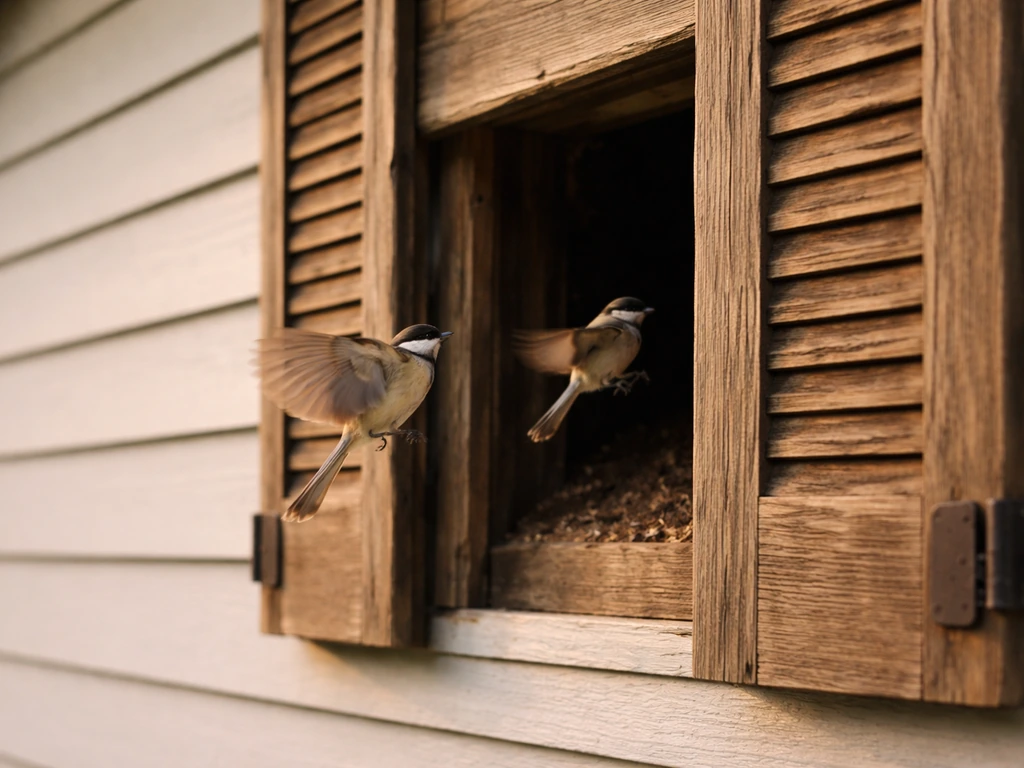 Small birds flying into an exterior shutter gap, suggesting an active nest.