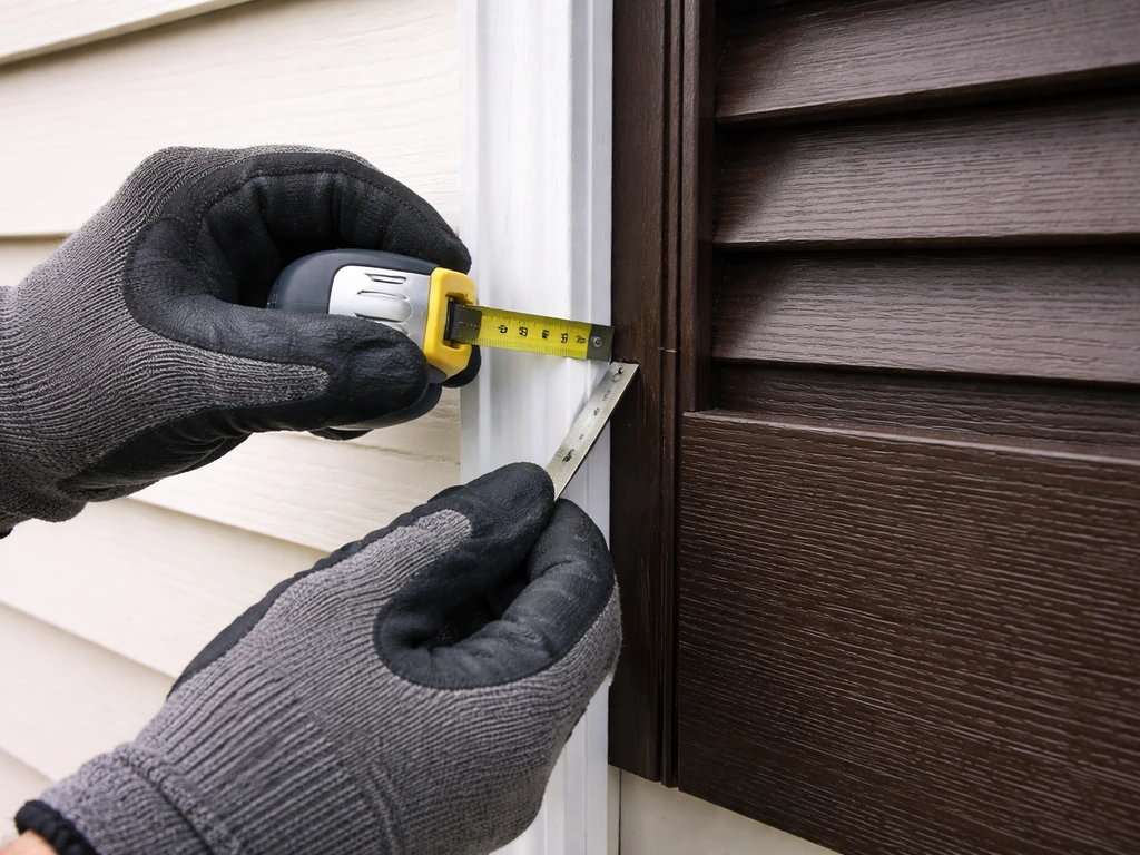Hands measuring a shutter gap with a tape measure while checking mounting edges