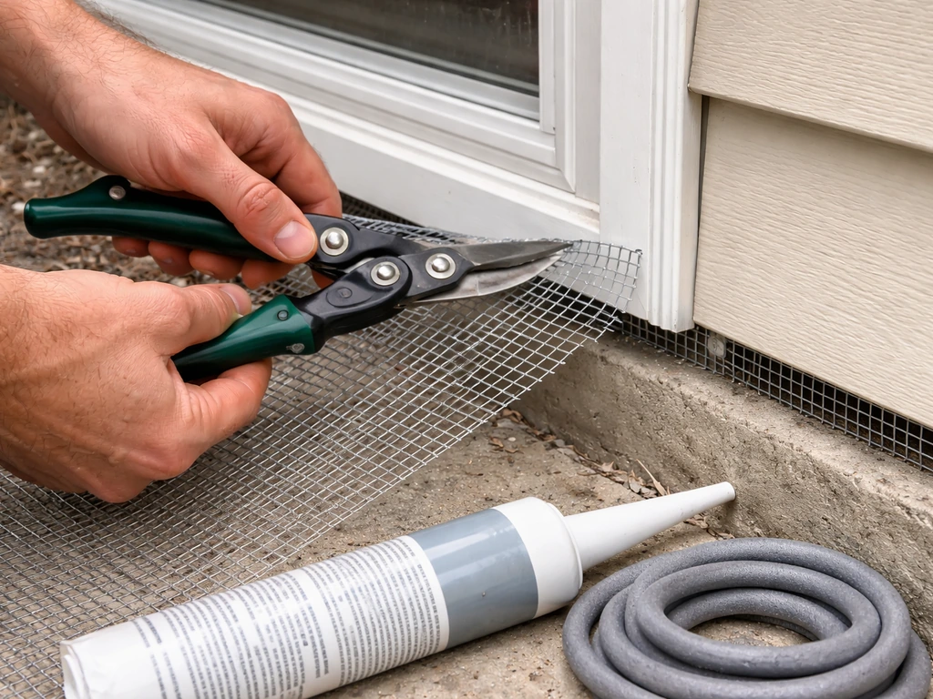 Hands cutting hardware cloth and applying exterior caulk to fill gaps in window trim