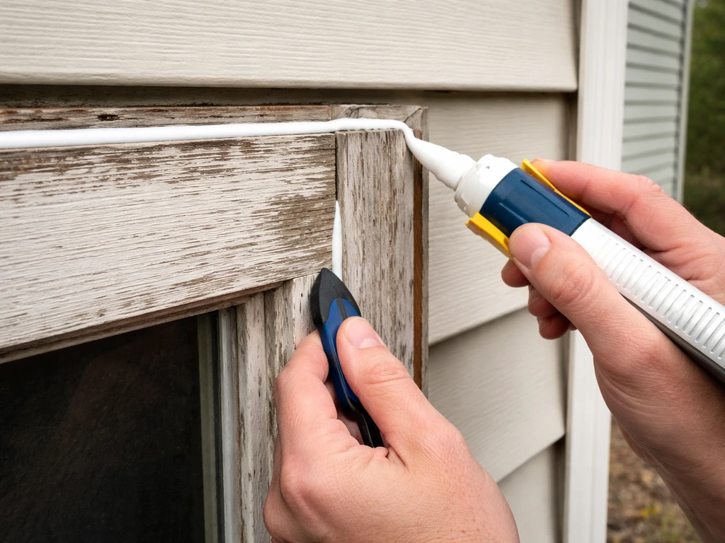 Hand applying exterior caulk along the top edge of a wooden shutter frame outdoors