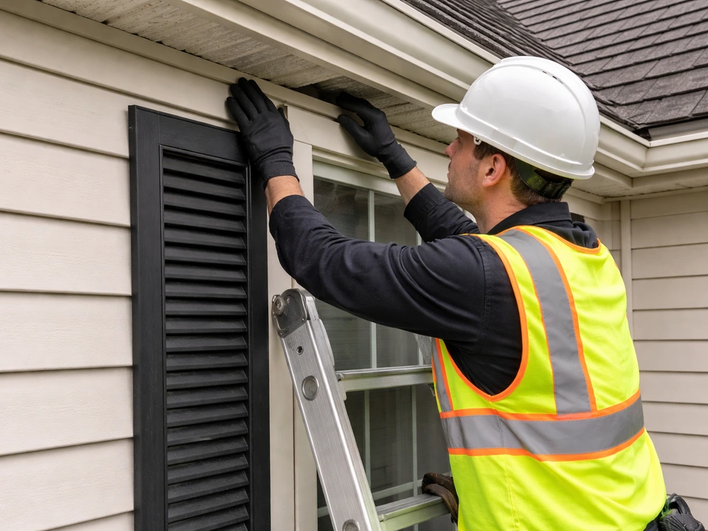 Wildlife control technician safely inspecting eave access points from a ladder on a home exterior.