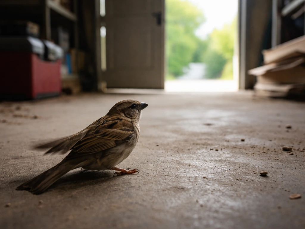 Small bird on a garage floor facing an open garage door, daylight in the background.