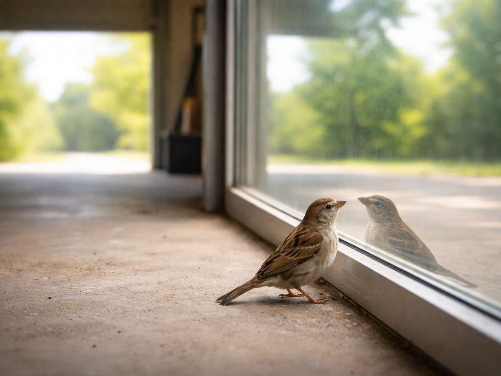 Small bird near a garage glass window reflecting sky and trees, with the garage door open behind.