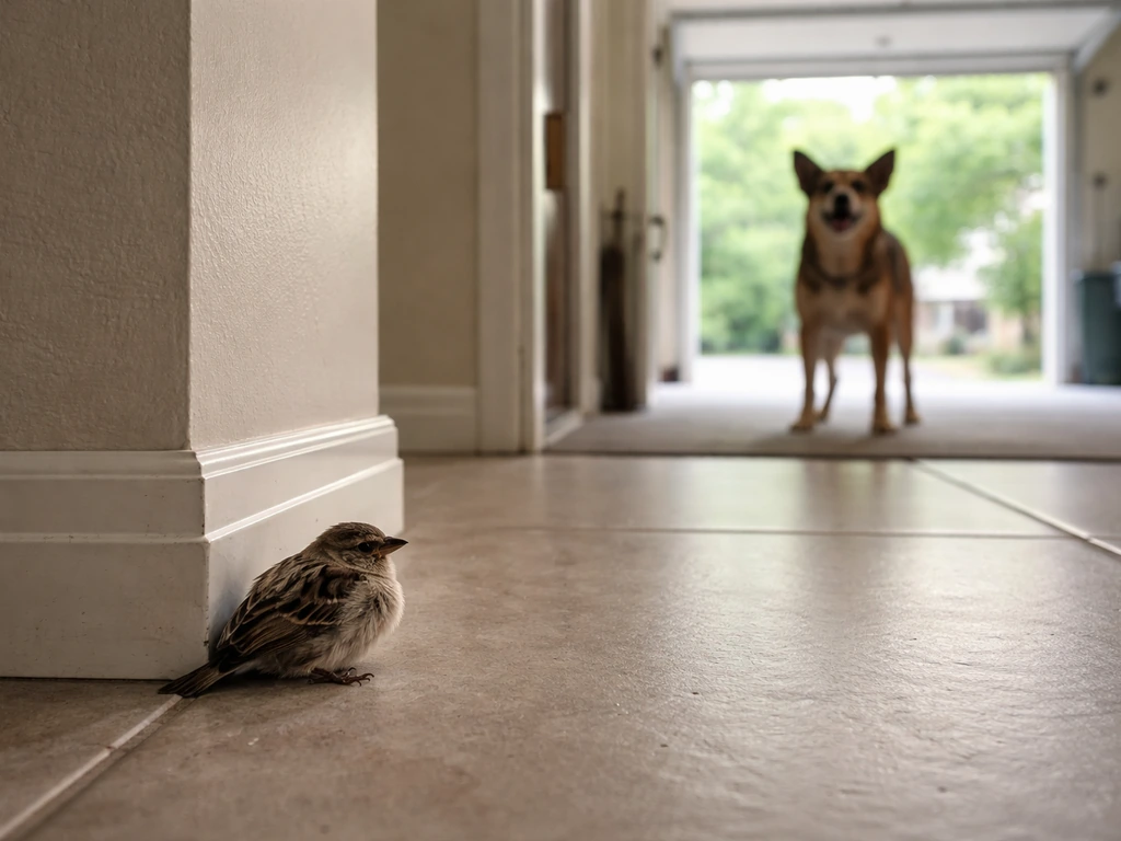 Inside a quiet home entrance, a small distressed bird stays tucked back while a dog barks near the garage door.