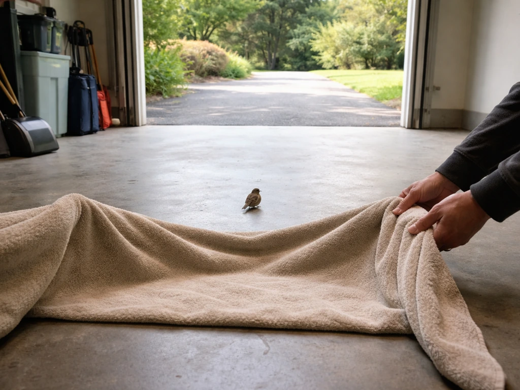 A small bird is gently guided with a towel/box toward an open garage door escape path.