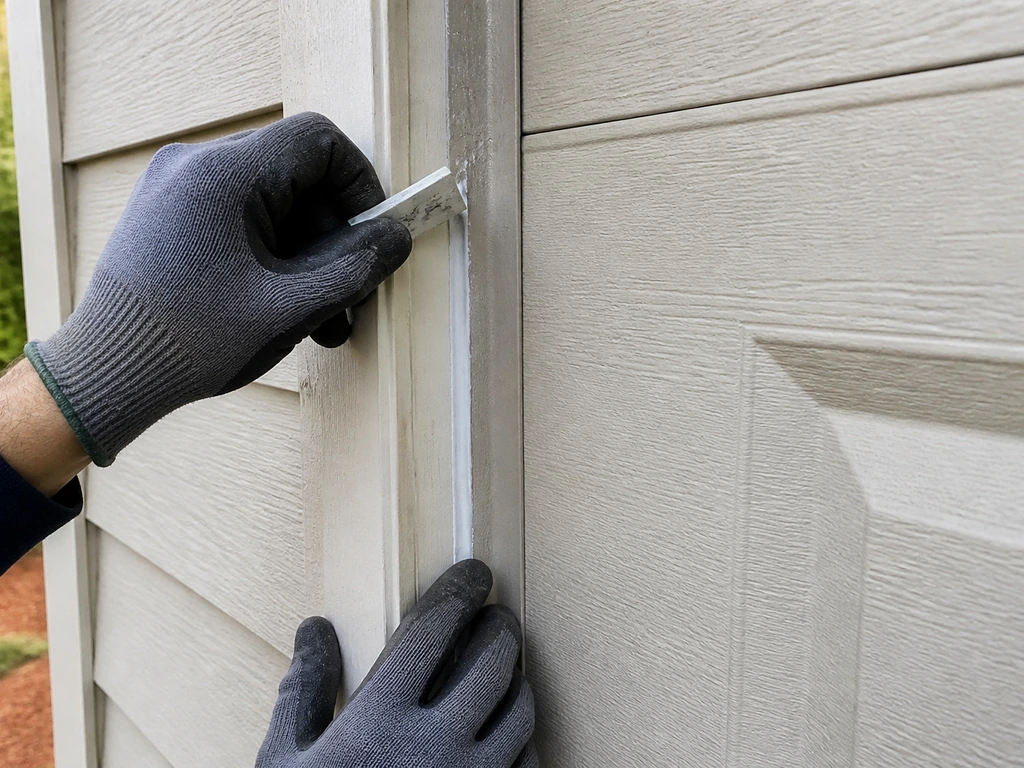 Gloved hands applying weatherstripping sealant to a gap around a garage door frame.