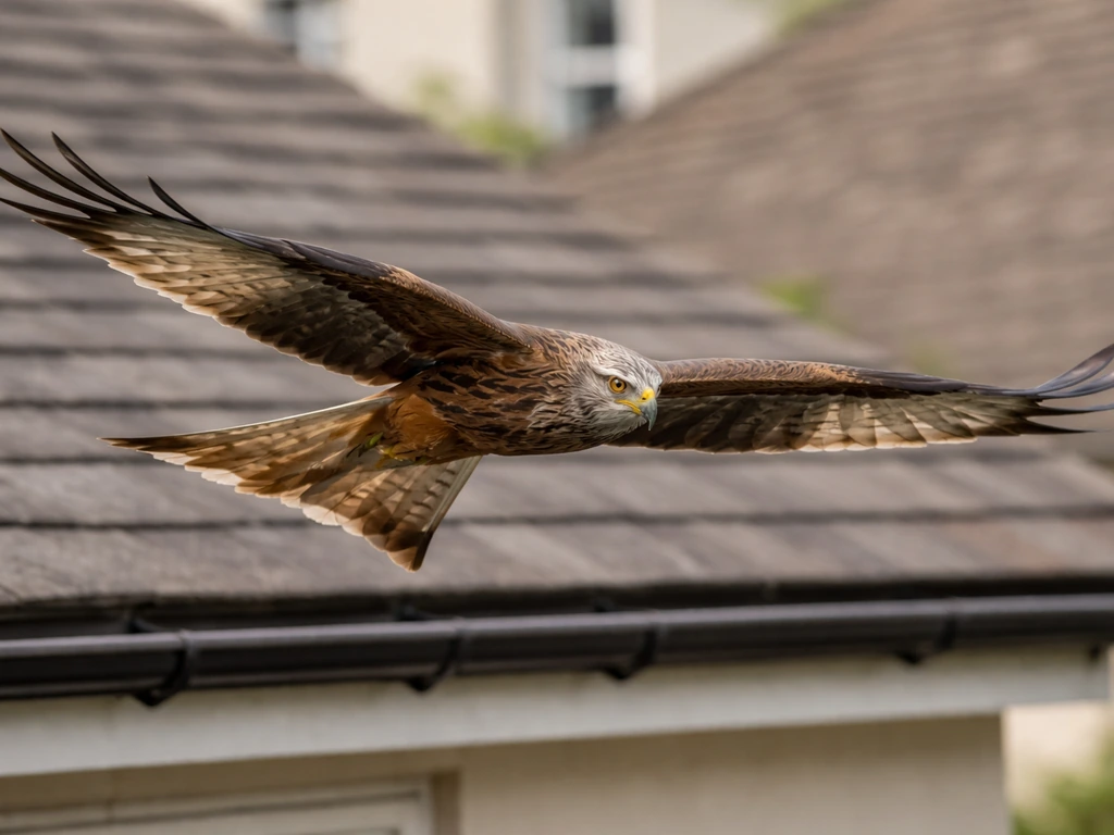 A kite bird glides near rooftops and a building edge in natural light.