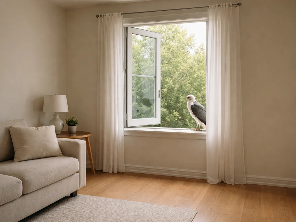 Empty living room with an open window and a loosely tethered kite outside, pets and people kept away.