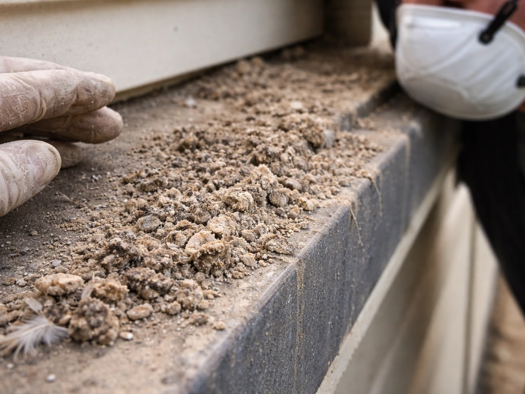 Gloved, masked person near close-up bird droppings on a ledge, highlighting a potential health hazard.