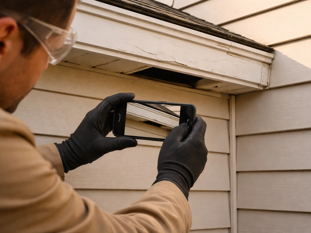 Person photographing a small gap under a building eave where birds could enter.