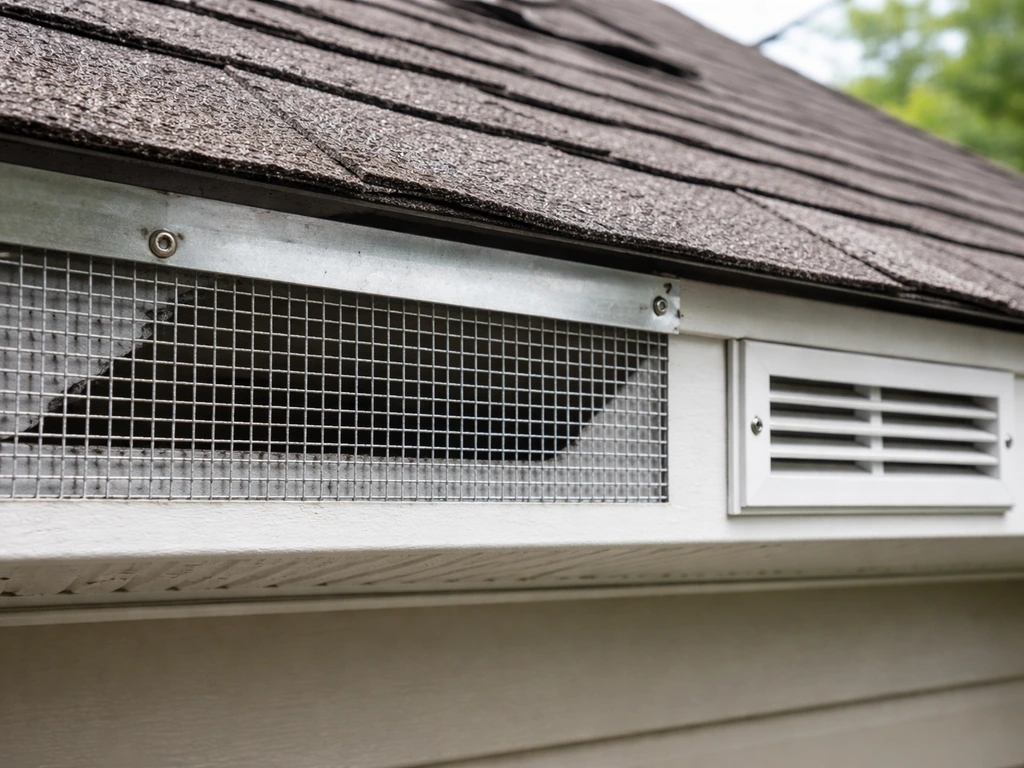 Close-up of hardware cloth and metal flashing sealing roof eave and vent openings against entry.