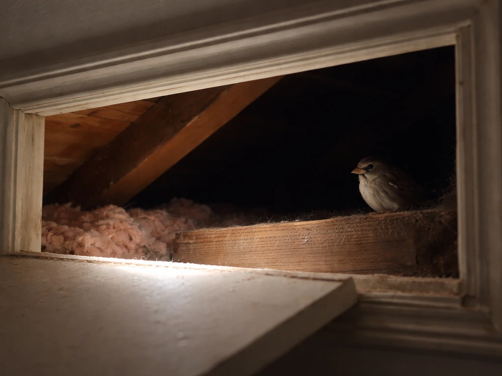 A small bird hiding in a shadowed attic access hatch with soft daylight spilling in from above.
