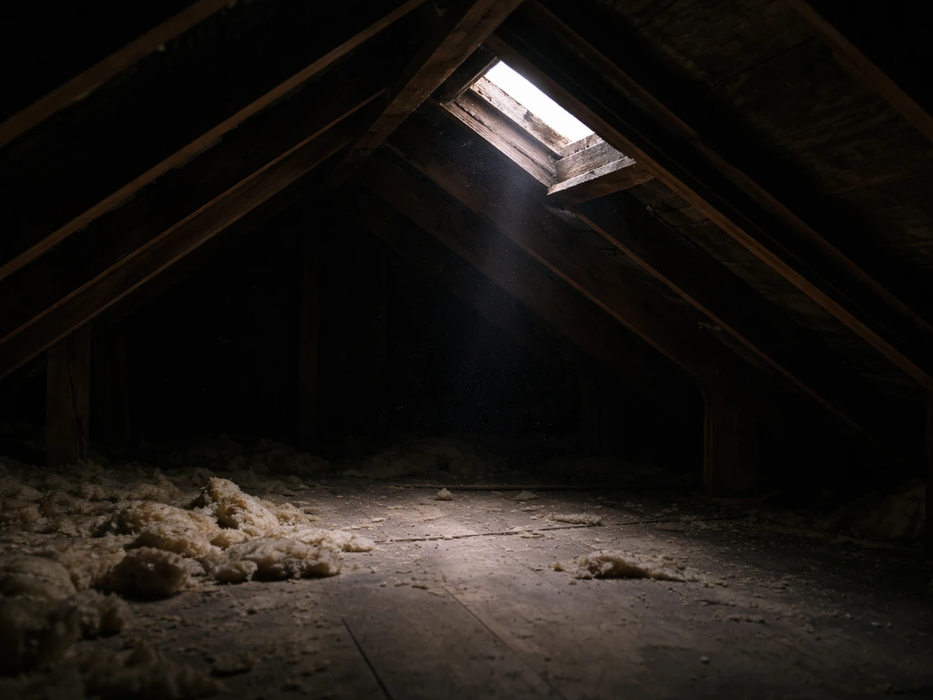 Small dark attic corner with a slightly open roof hatch and scattered insulation fibers