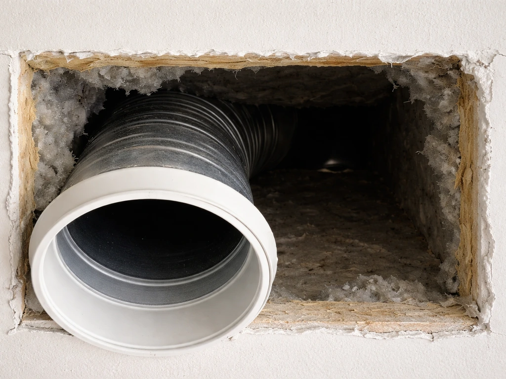 Close-up of a white bathroom exhaust duct opening with a dark soffit cavity behind it