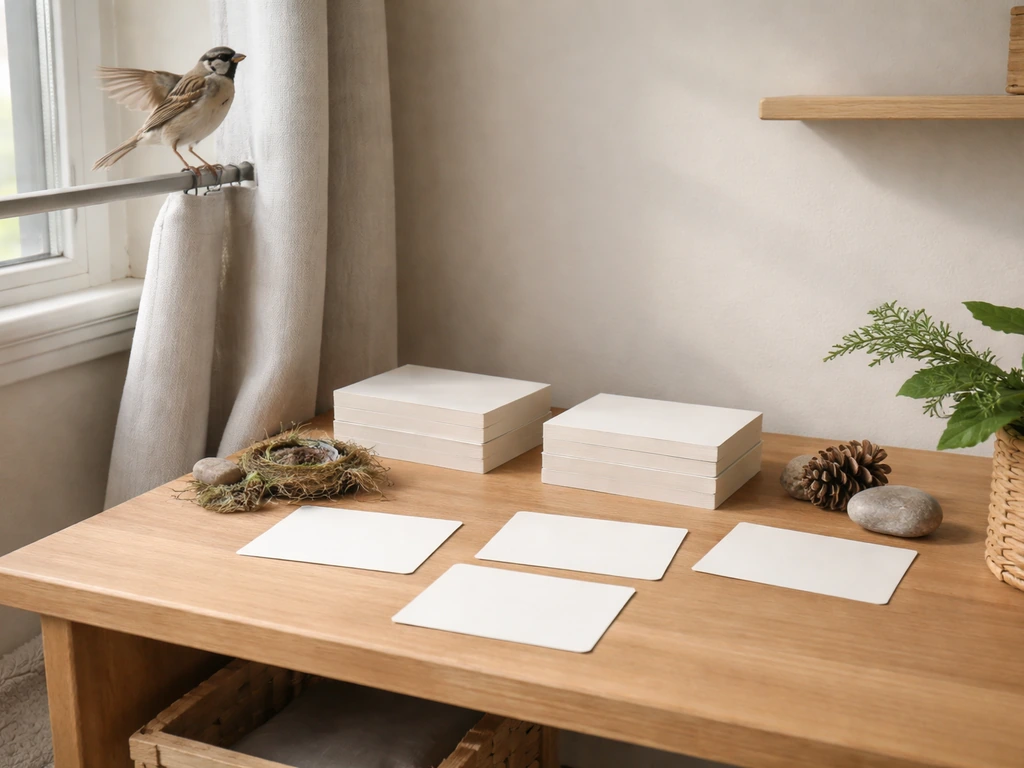 Small songbird perched by a curtain rod above a minimal desk with blank reference cards and hiding-place props.