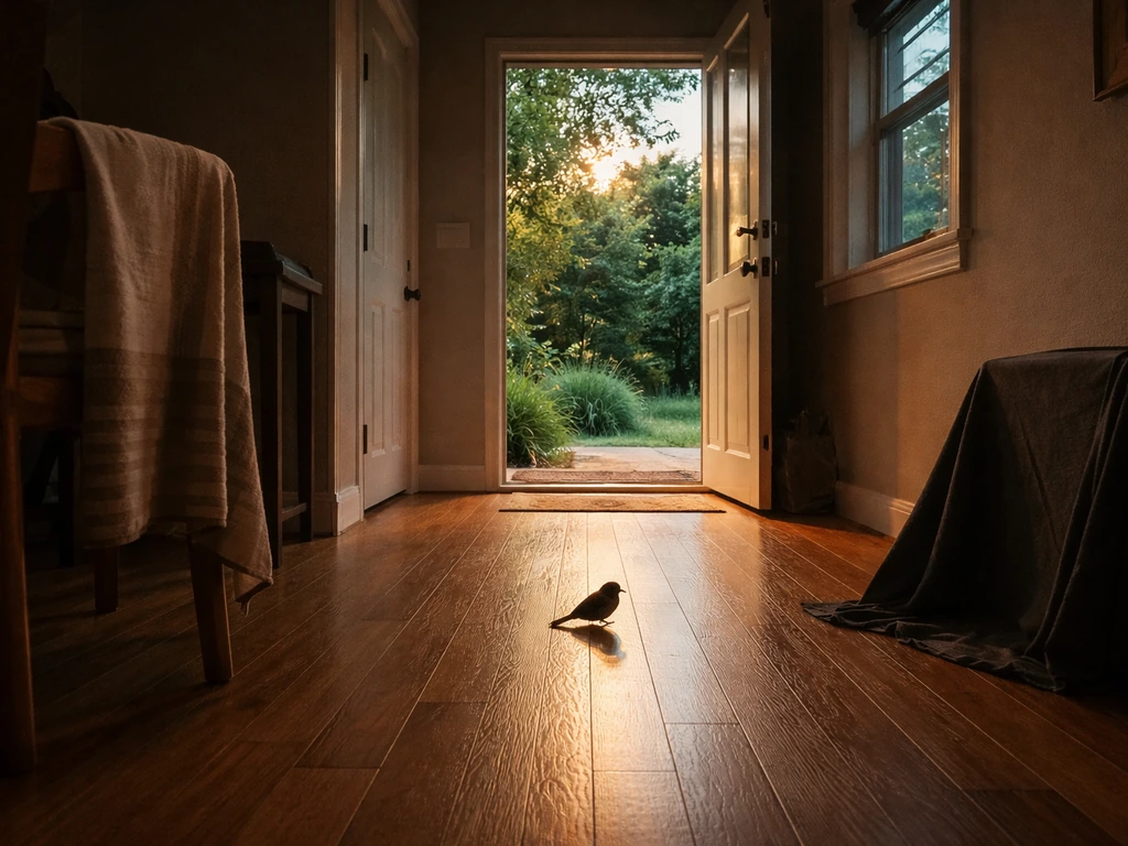 Dim living room with a small bird on the floor near an open exterior door letting it escape outside.