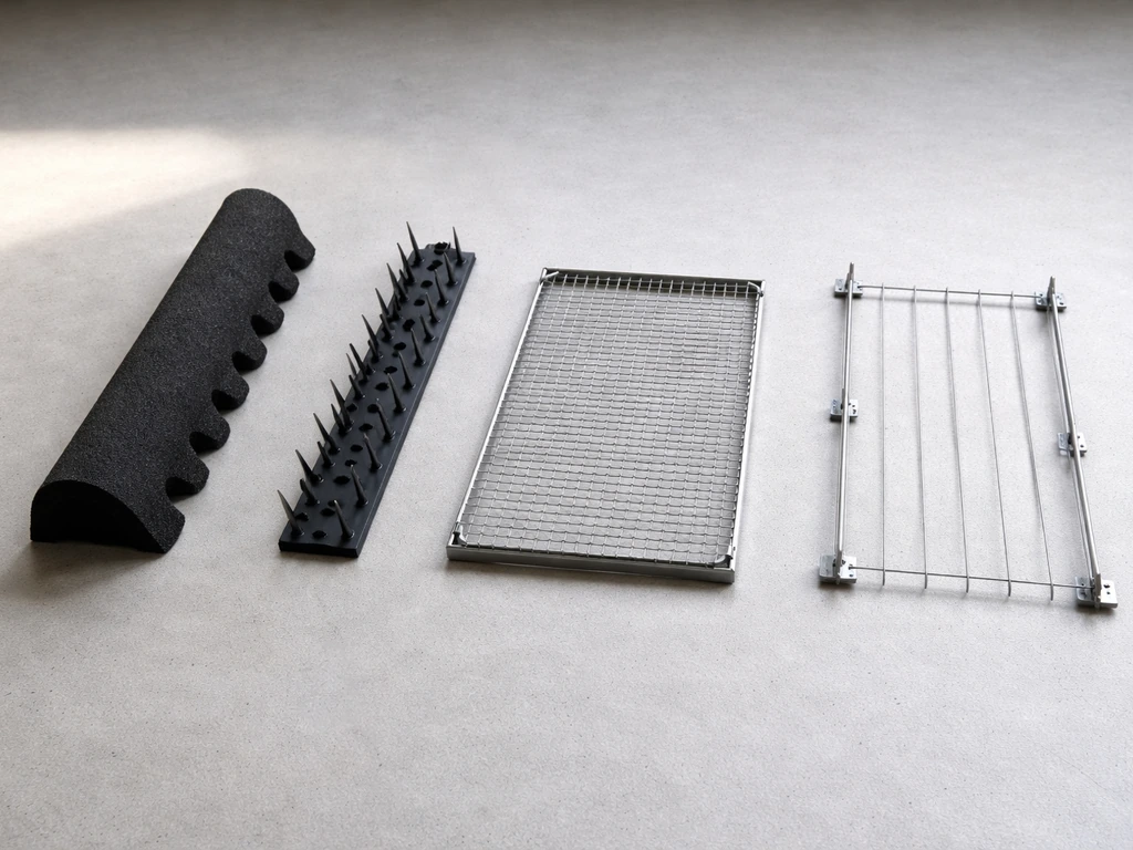 Four bird stop materials—foam ridge blocker, spike strip, mesh, and wire system—laid out for side-by-side comparison.