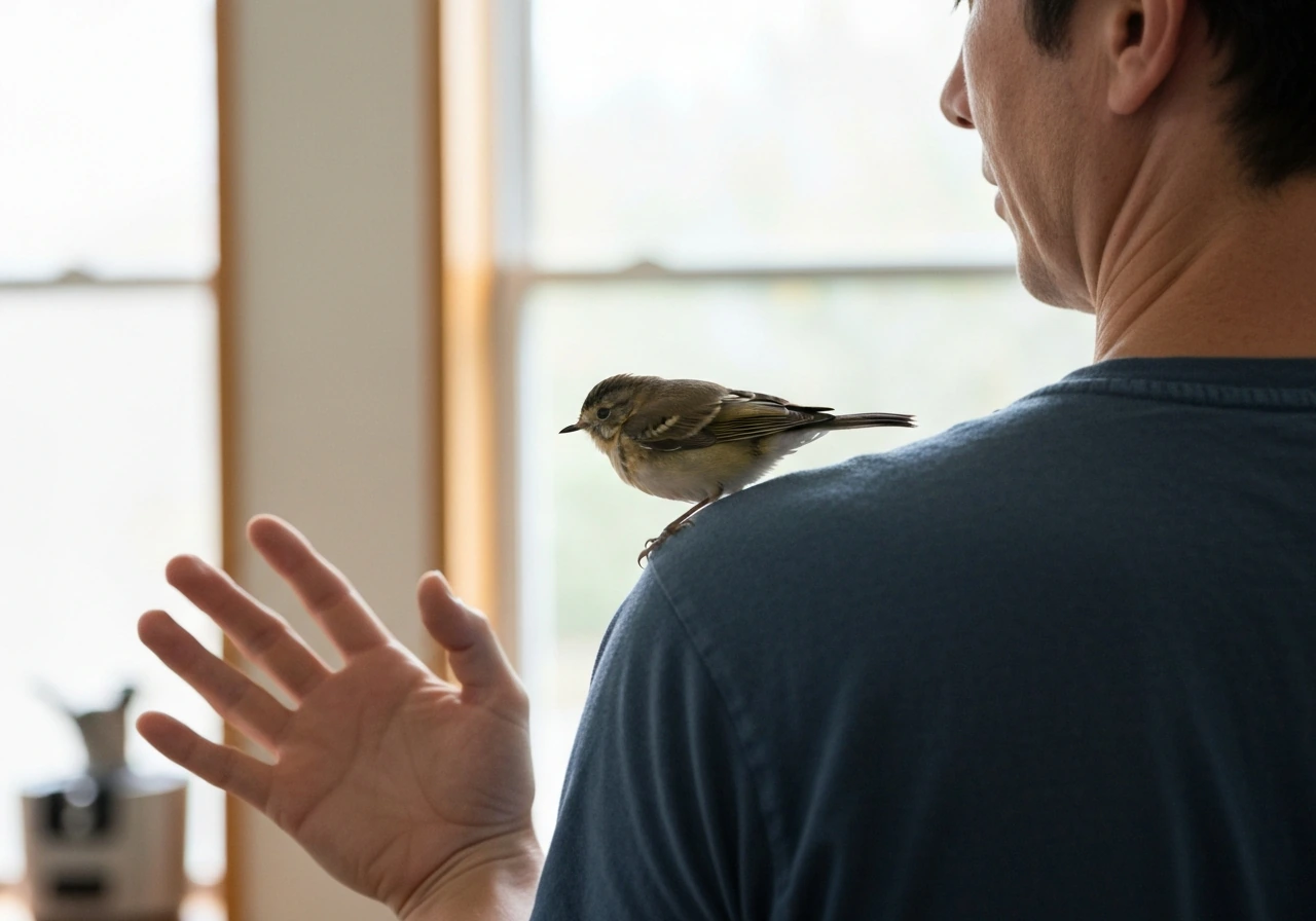 Small wild bird perched on an adult’s shoulder as the person stays still, calm and humane.
